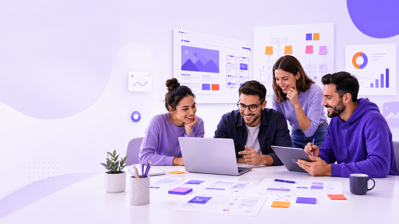 Equipo creativo trabajando en diseño de landing pages